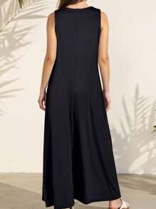 Mono suelto sin mangas con cuello en V y bolsillo, pierna ancha, para mujer, casual de verano