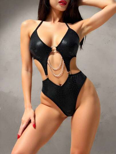 ROMWE Avant Fashionable Snakeskin Print Metal Chain Decor Women Sexy Bodysuit