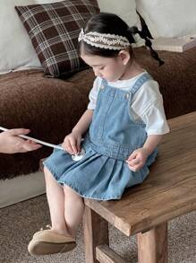 Dazy Kids 韩版女童婴幼儿休闲褶皱牛仔背带连衣裙 - 藍色 - 查看 5