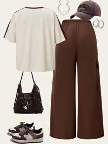 Sparklyn 2件套青少年女孩舒适宽松落肩户外运动T恤和工装裤套装 - 彩色 - 查看 2