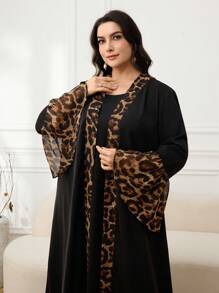 Al Najma Áo choàng tay loe chắp vá họa tiết da báo cỡ lớn cho nữ phong cách Ả Rập - màu đen - Xem 4