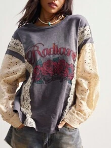 Bohemela 波西米亚风休闲刺绣拼布玫瑰印花圆领T恤女款