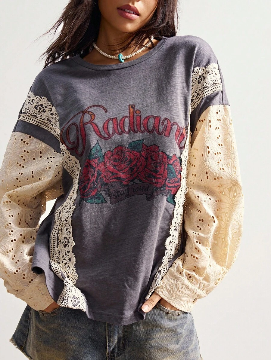 Bohemela 波西米亚风休闲刺绣拼布玫瑰印花圆领T恤女款