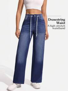 SHEIN Essnce Jeans rectos de talle elástico con cordón a la cintura, lavado, de uso casual diario para mujeres