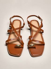SHUZIA Women's Criss Cross Toe Strap Band Square Toe Flat Sandals - Camel - View 4