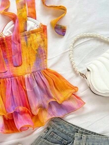 Soleia 女式渐变扎染印花雪纺肩带衬衫，蝴蝶结装饰，荷叶边下摆，适合度假穿着 - 彩色 - 查看 7