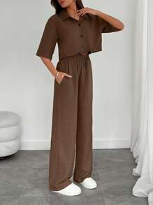 EURMUSE Women's Two Pieces Shirt And Wide Leg Pants With Drawstring - Brown - View 3