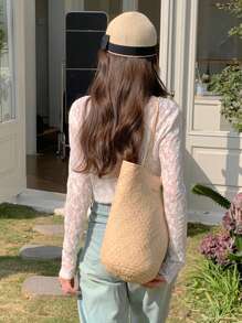 DAZY 女士圆领长袖简约透视上衣，休闲日常穿着 - 米色 - 查看 2