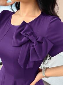 Modelyn Women's Solid Color Bowknot Decor Round Neck Short Sleeve Elegant Mid-Length Dress - Purple - View 7
