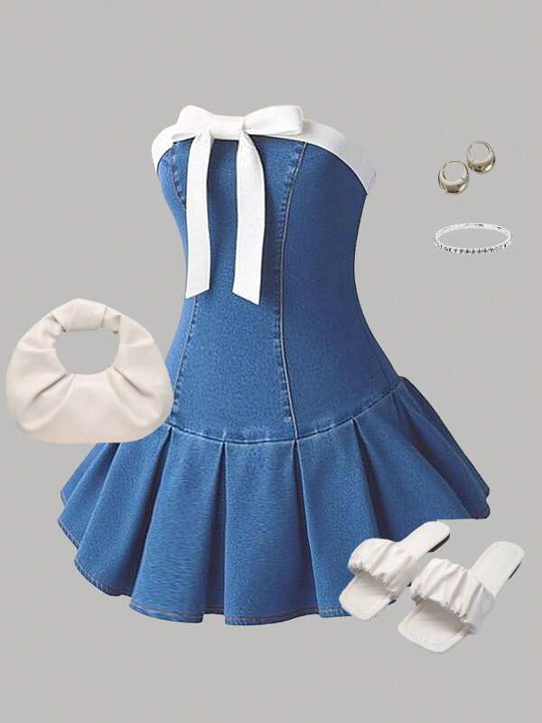 Girlism Tween Mädchen' Urban Street Cool Y2k Weiß Gestricktes Schleife Hochelastisches Blue Denim Plissee Tube Top Kleid, All-Match Freizeit für Kinderkleidung Mädchen Frühling Sommer Alltagskleidung und Urlaubs- oder Geburtstags-Outfits für Tween Mädchen