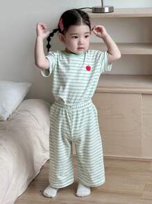 Dazy Kids 2件套女婴条纹休闲印花短袖T恤和裤子家居服套装，幼儿女童服装 - 綠色 - 查看 4