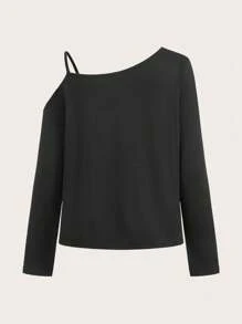 SHEIN Essnce Dames Casual Zwart Drop Shoulder Lange Mouw Asymmetrisch T-shirt Met Gouden Vlinder En Groene Ster Tattoo Print