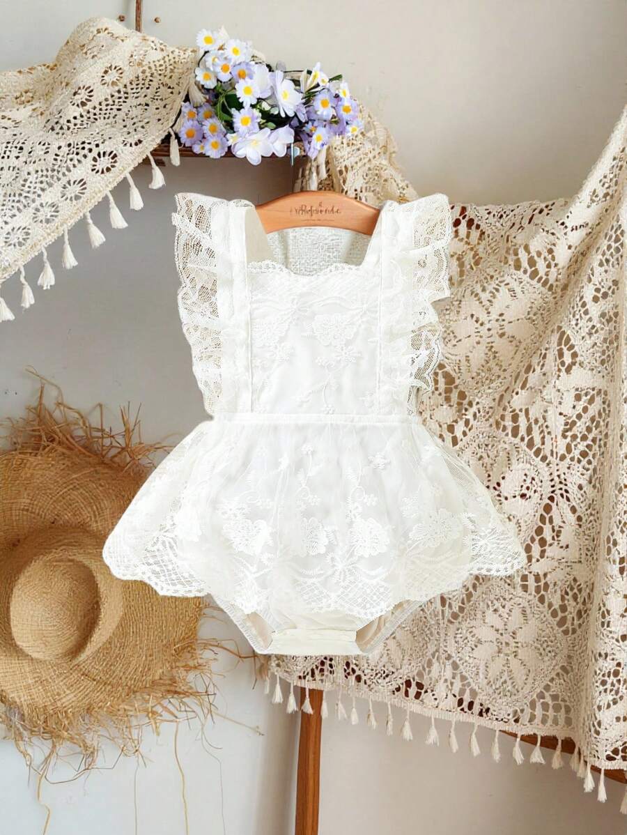 SHEIN Vintaside Kids Woven Mesh Embroidery Bodysuit Dress For Baby Girls - White - View 1