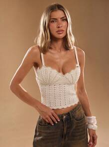 SHEIN BAE 女士仿珍珠细肩带镂空针织上衣，时尚 - 米色 - 查看 7