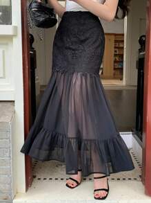 DAZY 女式撞色蕾丝和网眼荷叶边下摆优雅半身裙