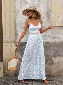 Brillora Women's Floral Print Contrast Lace Spaghetti Strap Dress, Holiday Wear,Vacation Outfits Woman,Sundresses For Vacation,Beach Vacation Outfits,Tropical Vacation Woman Clothes,Summer Outfits For Women,Sundress,Everyday,Backless Dress,Maxi Dresses,Floral Dress,Women,Suitable For Party, Date, Afternoon Tea, Summer Outfit, Beach Vacation, Music Festival