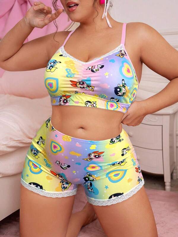 THE POWERPUFF GIRLS X SHEIN Conjunto de sujetador y pantis recogidos con borde de encaje, de talla grande, con impresión de letras de dibujos animados y bloque de color degradado para mujeres