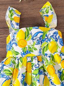 SHEIN 年轻女孩柠檬印花荷叶边袖长裙，暑假，妈妈和女儿及姐妹搭配风格，适合家庭度假，假期，海滩度假， - 彩色 - 查看 4