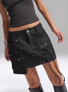 LYSMO Summer Ladies Dark Grey Mini Cargo Denim Skirt With Colored Rhinestones, For Night Out, Street Wear Y2k, Cute Western Elegant Wedding Guest - Multicolor - View 1