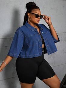 SHEIN SXY Plus Size Women Denim Non-Stretch Short Jacket Plus Size Denim Jacket - Blue - View 6