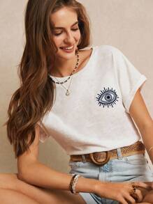 Poéselle Áo thun 100% cotton với họa tiết thêu hình con mắt tượng trưng, màu trắng, thích hợp cho mùa hè, mùa cưới, áo thun thêu phong cách Cottagecore, áo thun tay ngắn, phong cách thường ngày thanh lịch. - Xanh và trắng - Xem 6