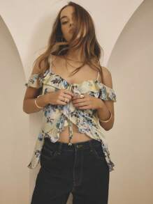 Aralina Off Shoulder Ruffle Front Tie Peplum Hem Vacation Outfits Women Summer Top