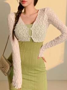 DAZY 女士休闲百搭长袖蕾丝透视春夏上衣外出上衣透明 - 白色 - 查看 1