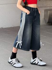 SHEIN Tween Girls' Loose Fit Contrast Color Drawstring Denim Pants With Bowknot