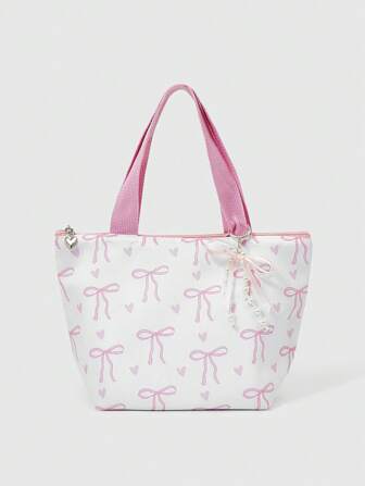 Kawaii Large Capacity Insulated Lunch Bag With Bow Print, Fashionable Cute Portable Hot Cold Food Container
