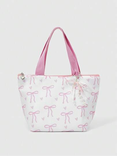 Kawaii Bolsa isotérmica para el almuerzo de gran capacidad con estampado de moño, contenedor de comida caliente y fría portátil y bonito de moda