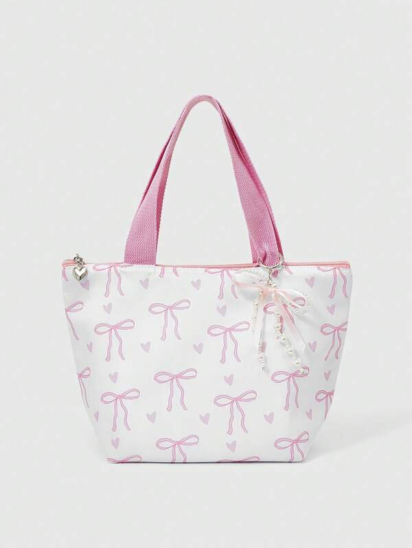 ROMWE Kawaii Large Capacity Insulated Lunch Bag With Bow Print, Fashionable Cute Portable Hot Cold Food Container