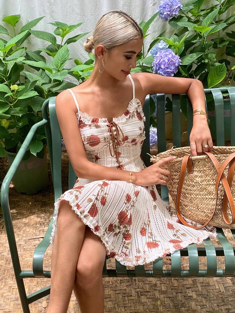 Retro Sexy Lace Print Tie Up Camisole Mini Dress Summer Cruise Outfit For Women Boho