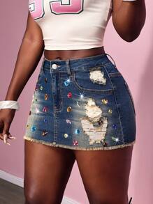 Slaydiva 女式夏季时尚做旧水钻装饰磨损下摆牛仔迷你裙 - 藍色 - 查看 5