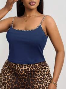 SHEIN PETITE CURVE Plus Size Summer Casual Leopard Print Trim Cami Top Country Concert Y2k Top,For People Of Shorter Stature - Navy Blue - View 5