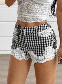 SHEIN EZwear Women's Summer Casual Plaid Contrast Lace Shorts,Date Night Outfits Women - Black and White - View 6