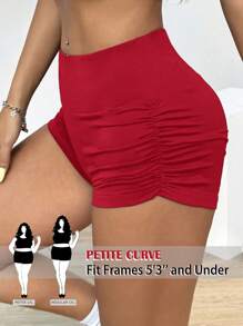 SHEIN PETITE CURVE 加大码女式纯色褶皱骑行短裤，夏季骑行、瑜伽运动高弹乡村音乐会，适合身材较矮的人