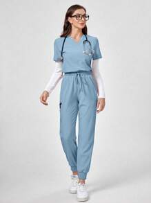 TaskEZ Oblique Shoulder Plain V-Neck Short Sleeve Top And Pants Scrub Uniform Set - Teal Blue - View 7