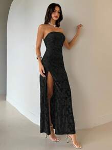 Aloruh 女士优雅修身开衩下摆露肩连衣裙 - 黑色 - 查看 4