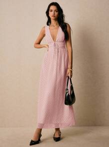 Poéselle Women's Sexy V-Neck Polka Dot Print Long Dress, Summer - Baby Pink - View 7
