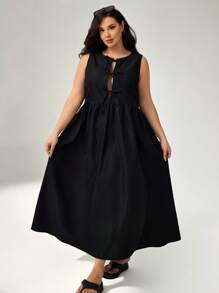 Auralis Robe de mode de base noire sans manches à grande taille avec nœud pour femme - Noir - Voir 5