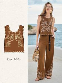 MOTF PREMIUM WOMEN'S LINEN FLORAL EMBROIDERY BLOUSE - Khaki - View 8