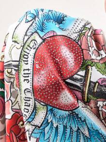 ROMWE Avant Plus Size Y2K Vintage Style Heart Wing Rose Print Bodycon T-Shirt - White - View 8