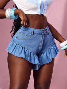 Slaydiva Quần short denim thời trang mùa hè viền bèo nhún màu trơn cho nữ - Rửa nhẹ - Xem 6