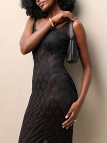 Zolique Sexy Lace Backless Tie Strap Sheer Long Dress, Summer - Black - View 3