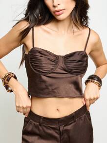 AiiRZ Höst/Vinter Rynkad Korsettmodell Bustier Topp Vida Ben Palazzo Kombinerat Set Fest/Kväll Outfit - Brun - Visa 3