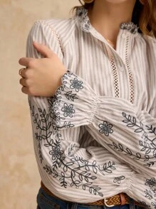 Poéselle Women's Front Button Long Sleeve Floral Embroidered Casual Shirt,Boho, Western, Nashville Outfits, Coachella, Concert Wear