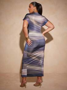 Vixey Vestido de escote en pico con cintura ceñida y abertura frontal, estampado de ónix y mármol en tejido jersey