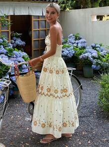 Livesso Đầm mùa hè buộc dây cổ kiểu Bohemian dành cho nữ, thích hợp cho kỳ nghỉ trên du thuyền. - Màu vàng - Xem 6