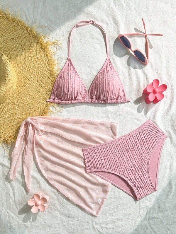 Set de costum de baie pentru fete preadolescente, de vară, cu imprimeu floral, stil resort, stil plajă, model nou, drăguț, cu imprimeu floral și fustă din plasă