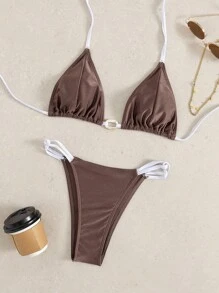 Swim Mod Summer Vacation Plain Color Patchwork Tank Top With Tying Decor, Tie-Dye And Twisted Cord Accent Swimsuit Top And Bottoms 2pcs Bikini Set